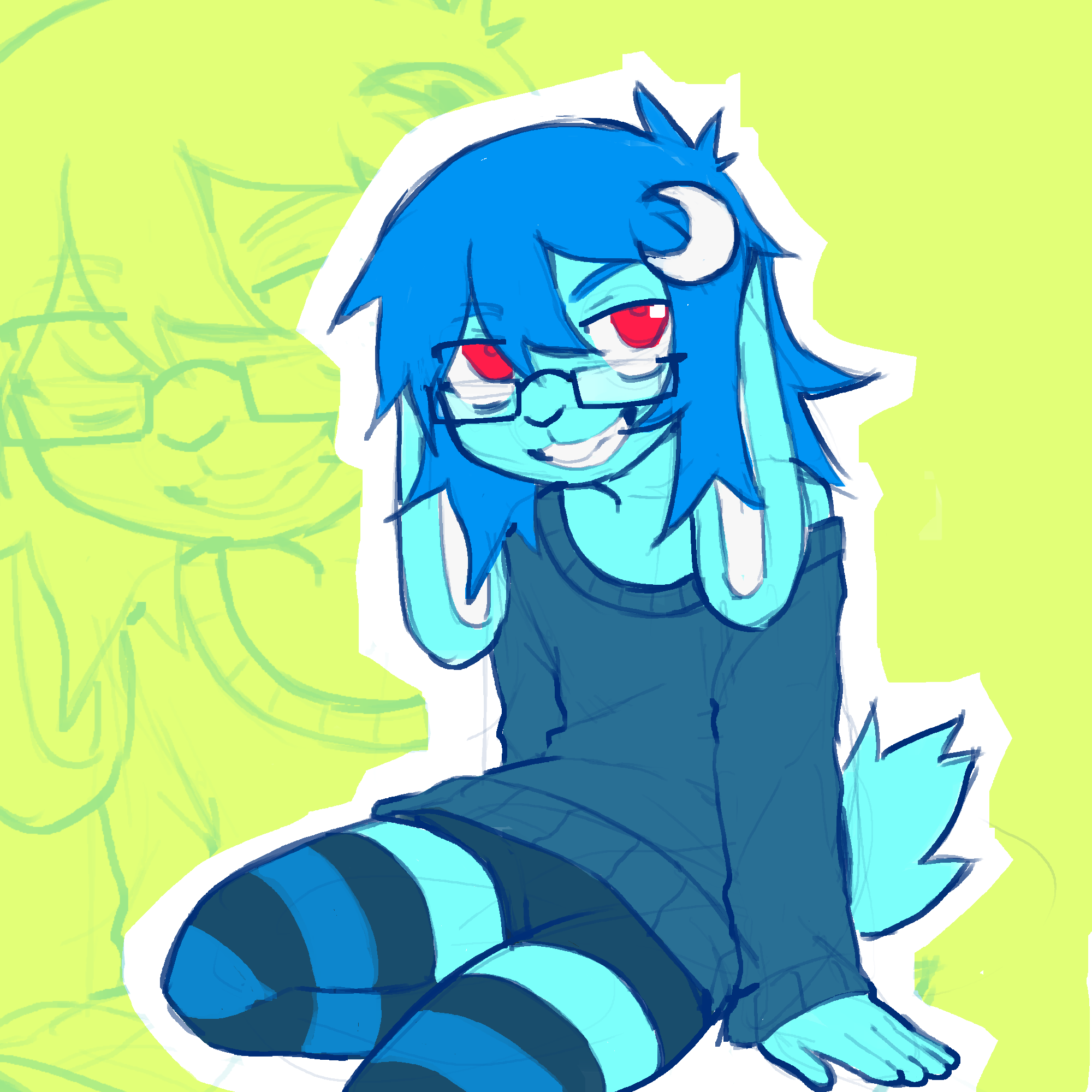 a blue bunny with glasses, a sweater, and striped thigh high socks.
